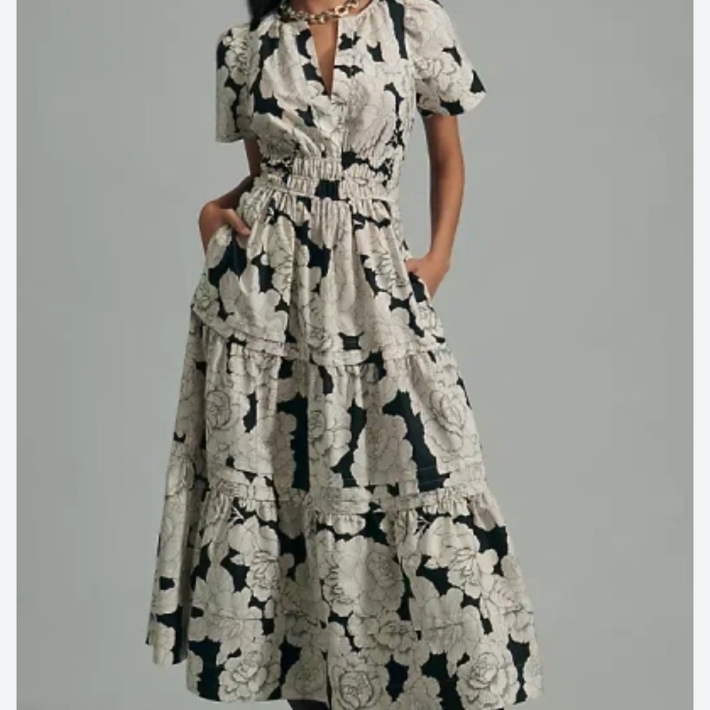 Anthropologie Black and White Ruffled Wrap Maxi Dress
